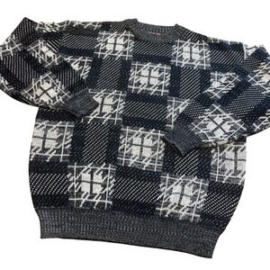 Vintage 90s Saturdays Generation Checkered Knit Grandpa Sweater Black Grey XL